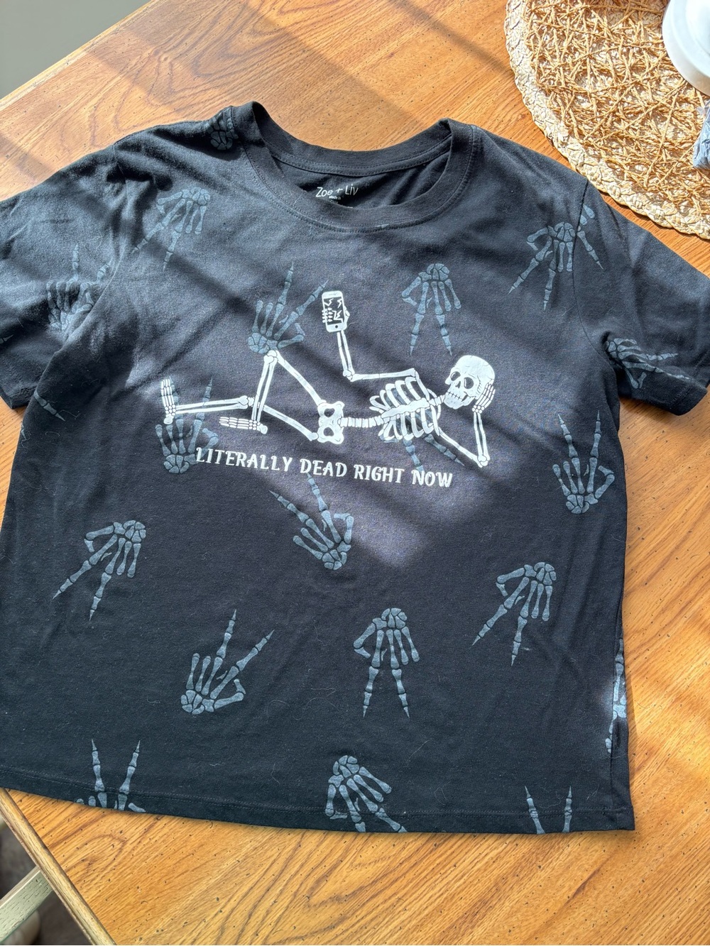 Women’s Black Graphic Tee with Skeleton Print - "Literally Dead Right Now"